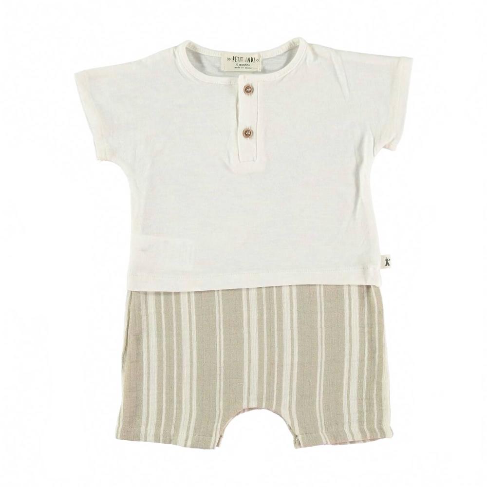 NEW PETIT INDI kid's henley romper in sand stripe